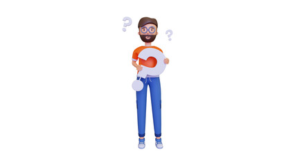 3D Cartoon Character Holding Question Mark Surrounded by Floating Symbols of Curiosity and Confusion