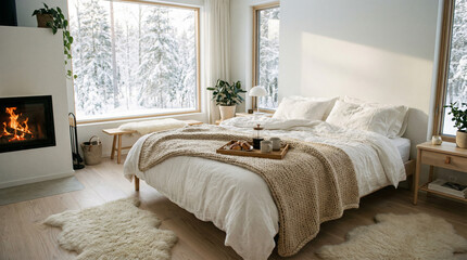 Cozy winter bedroom with fireplace, warm textiles and soft light