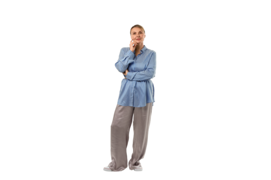 Woman in stripes and loose pants thinks, isolated on white, PNG