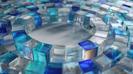 Stunning geometric arrangement of crystal cubes in shades of blue and teal for elegant background, modern texture, or contemporary design projects, perfect for visual interest