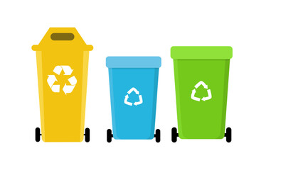 Three Colorful Recycling Bins with Wheels and Symbols for Waste Sorting