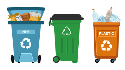 Three Recycling Bins for Paper, Plastic, and General Waste in Cartoon Style