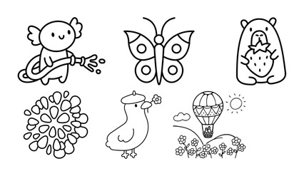 Whimsical Black-and-White Cartoon Set Featuring Animals, Nature, and Fantasy Elements