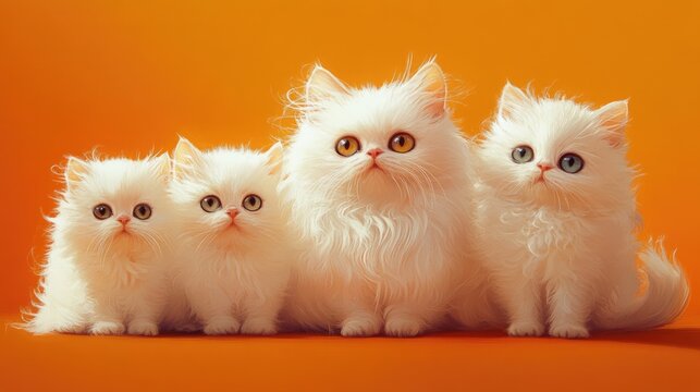 A mother cat is holding her cubs. The cubs are small and fluffy, and they are all smiling, Concept of warmth and love between the mother and her children