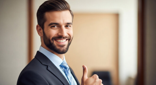 Smiling businessman giving thumbs up signals success, positivity, and agreement in a professional setting showing confidence and a can-do attitude