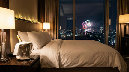 Luxury Hotel Bedroom Interior With City Fireworks View Window

