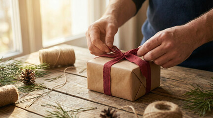 Male Hands Tying Red Ribbon On Craft Christmas Gift
