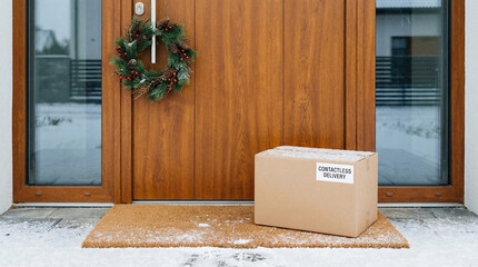 Cardboard Parcel Box On Door Mat Near Wooden Door
