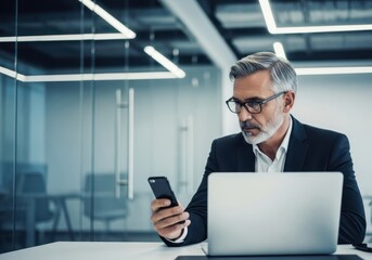 Mature businessman in glasses uses smartphone and laptop in modern office setting