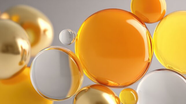 Discover vibrant golden and orange spheres creating a modern, captivating abstract background for cosmetic packaging, health products, and eye-catching designs with smooth gradients - Powered by Adobe