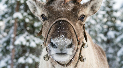 Close Up Portrait Of Reindeer With Bells In Snowy Forest