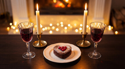 Romantic Valentine Dinner With Wine Candles And Heart Cake