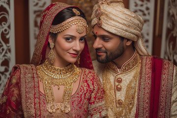 Traditional Indian wedding couple in elegant bridal attire, captured in warm, intimate portraits with rich details, jewelry and ceremonial clothing. Authentic, emotional and vibrant imagery. ai