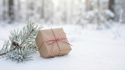 Craft Paper Gift Box With Red String On Winter Snow
