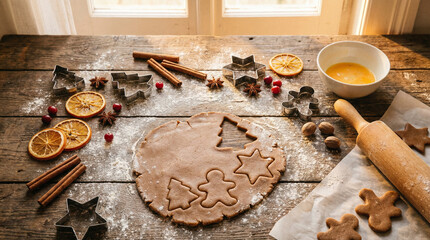 Baking Christmas Gingerbread Cookies On Rustic Wooden Table Top View
