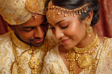 Traditional Indian wedding couple in elegant bridal attire, captured in warm, intimate portraits with rich details, jewelry and ceremonial clothing. Authentic, emotional and vibrant imagery. ai