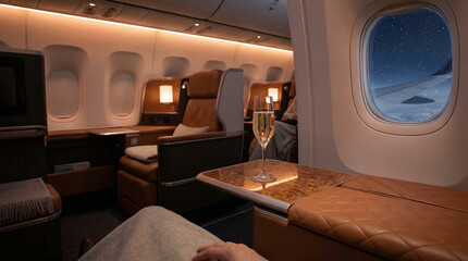 Luxury First Class Airplane Interior With Champagne And Winter View
