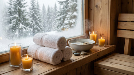 Cozy Wooden Sauna Interior With Towels Candles And Winter View
