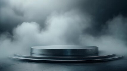 Dramatic fog swirls around a modern product display platform, ideal for showcasing luxury goods and creating a sense of mystery and elegance