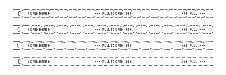 Fototapeta na wymiar Perforated tear strips with border lines set for open here package instruction, vector templates. Pull to open tear strip lines for paper labels of box packaging or envelope opening secure seals