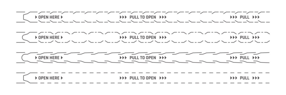 Perforated tear strips with border lines set for open here package instruction, vector templates. Pull to open tear strip lines for paper labels of box packaging or envelope opening secure seals