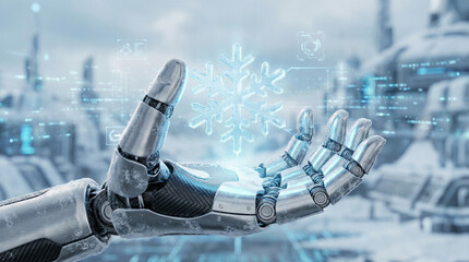 Futuristic Robot Hand Holding Digital Hologram Snowflake Blue Background