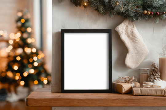 Festive frame mockup with stockings png, transparent design