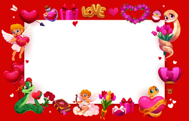 Valentine day greeting card frame with cute cartoon cherubs and snake characters proposing with flowers, hearts, balloons, potions and romantic decorations. Vector template for love messages and notes