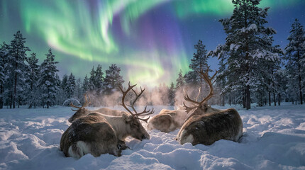 Herd Of Reindeer Resting On Snow Under Northern Lights Aurora

