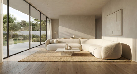 Modern interior living room with large windows and designer furniture