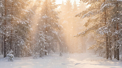 Beautiful Snowy Winter Forest With Golden Sun Beams Shining