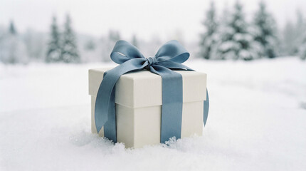 White Christmas Gift Box With Blue Ribbon On Snow