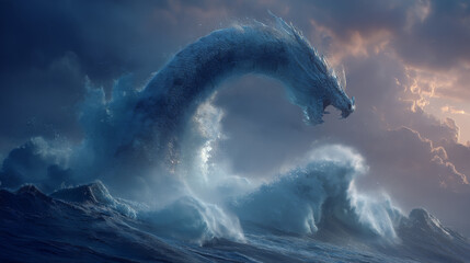 Sea serpent crashing through twilight waves