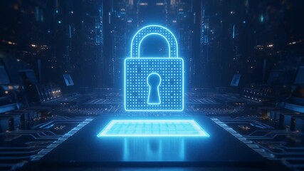 Cybersecurity footage shows a glowing digital padlock over complex circuit board, emphasizing data protection, encryption, and technology infrastructure - Powered by Adobe