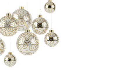 Luxurious white and gold ceramic christmas ornaments hanging against a white background with falling confetti and glitter. Elegant and luxurious holiday celebration concept