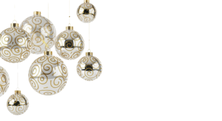 Luxurious white and gold ceramic christmas ornaments hanging against a white background with falling confetti and glitter. Elegant and luxurious holiday celebration concept
