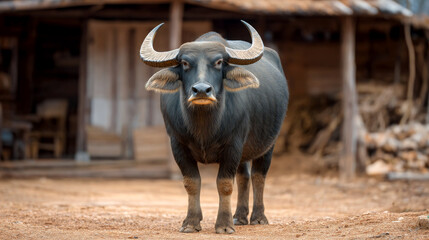 Buffalo portrait in rustic farm setting