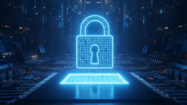 Cybersecurity footage shows a glowing digital padlock over complex circuit board, emphasizing data protection, encryption, and technology infrastructure - Powered by Adobe