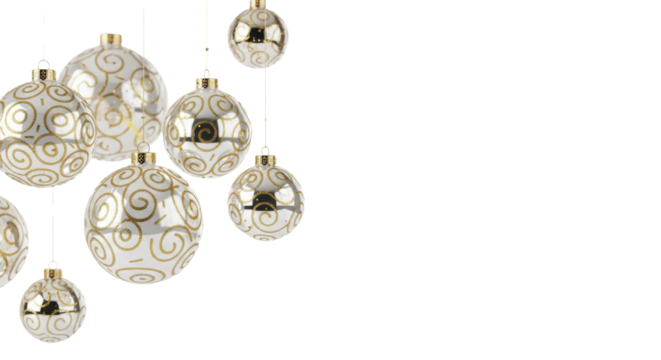 Luxurious white and gold ceramic christmas ornaments hanging against a white background with falling confetti and glitter. Elegant and luxurious holiday celebration concept