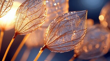 Close-up of translucent, dried seed pods with intricate vein patterns, glistening with tiny water droplets. They are illuminated by warm, golden sunlight, creat