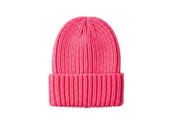 A vibrant neon pink chunky ribbed-knit wool beanie hat isolated on a transparent studio background with copy space. Concept for e-commerce fashion