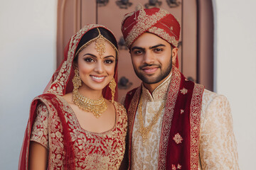Traditional Indian wedding couple in elegant bridal attire, captured in warm, intimate portraits with rich details, jewelry and ceremonial clothing. Authentic, emotional and vibrant imagery. ai