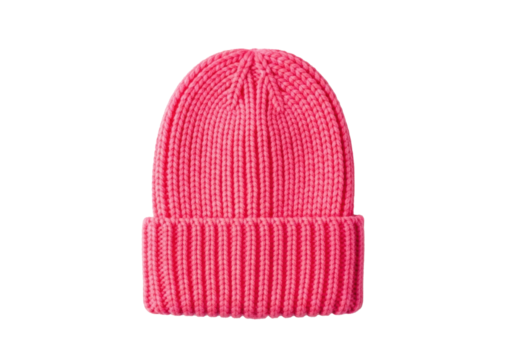 A vibrant neon pink chunky ribbed-knit wool beanie hat isolated on a transparent studio background with copy space. Concept for e-commerce fashion