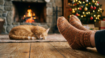 Cozy Winter Evening with Cat by Fireplace