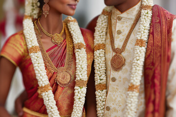 Traditional Indian wedding couple in elegant bridal attire, captured in warm, intimate portraits with rich details, jewelry and ceremonial clothing. Authentic, emotional and vibrant imagery. ai