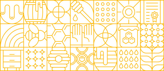 Honey and beekeeping pattern. Modern linear apiary production grid. Vector background with honey jars, bees, hives, hexagon cells, sun, drops, flowers and tools in golden yellow outline squares © Buch&Bee