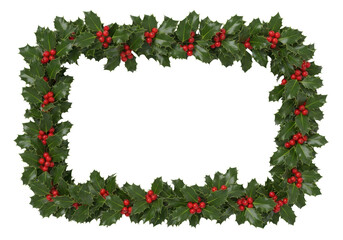 A photorealistic christmas frame border of a lush holly garland with red berries on a white background with copy space. Classic holiday greeting card concept