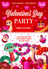 Valentine day party flyer with cute cartoon snake characters, heart decorations, roses, gift boxes, and love potion bottle. Vector festive poster for romantic celebration with pink hearts and flowersV