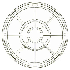 Obraz premium Round window frame illustration featuring radial grid and classical ornamental borders on a simple white plane