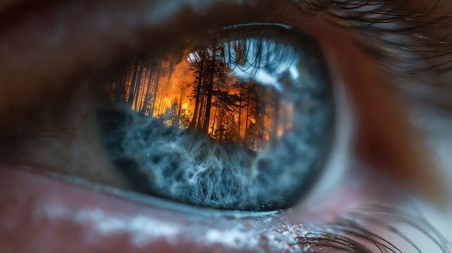 Intense wildfire reflected in a captivating blue eye, symbolizing environmental impact and human concern for climate change affecting vulnerable forests and wildlife habitats